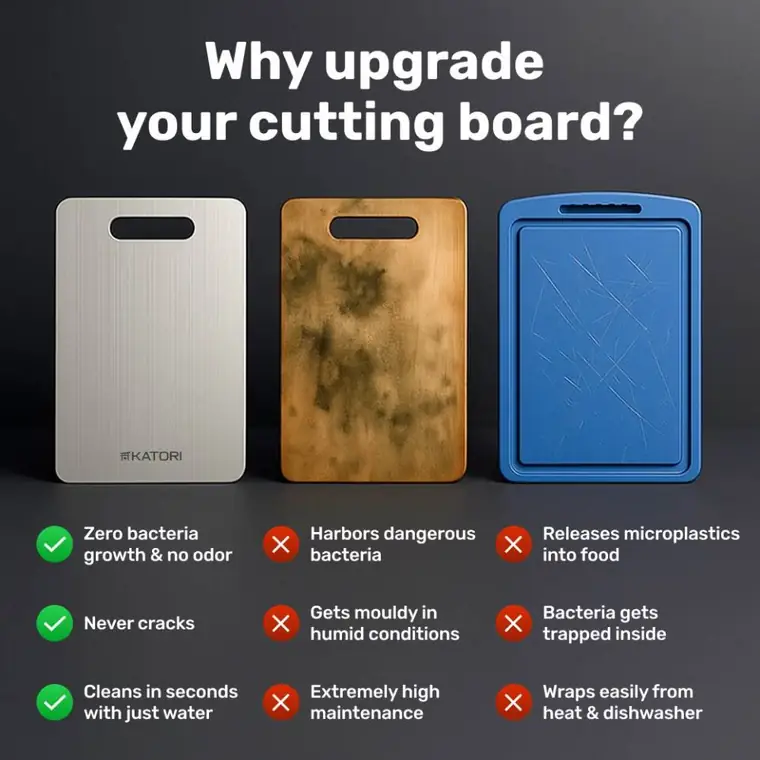 Katori titanium cutting board compared to a mouldy wooden board and a scratched plastic board
