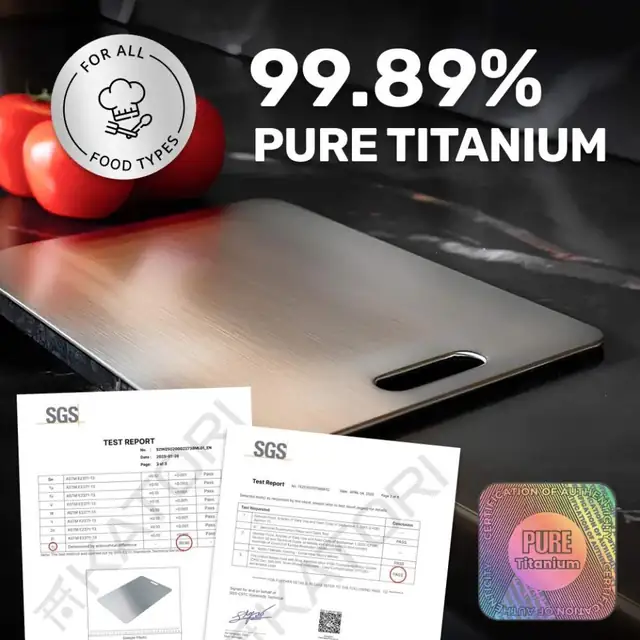 Katori cutting board tested at 99.89 percent pure titanium in SGS lab reports